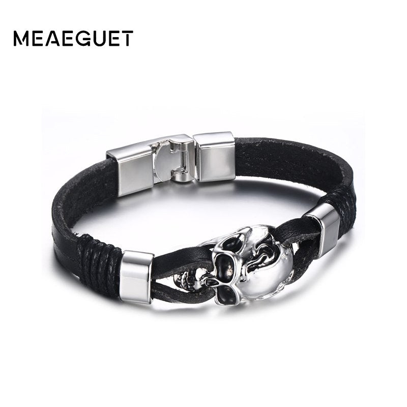 Punk Rock Mens Black Durable Leather Bracelets Gothic Skull Cuff Bangle Skeleton Charm Pulseiras Masculinas
