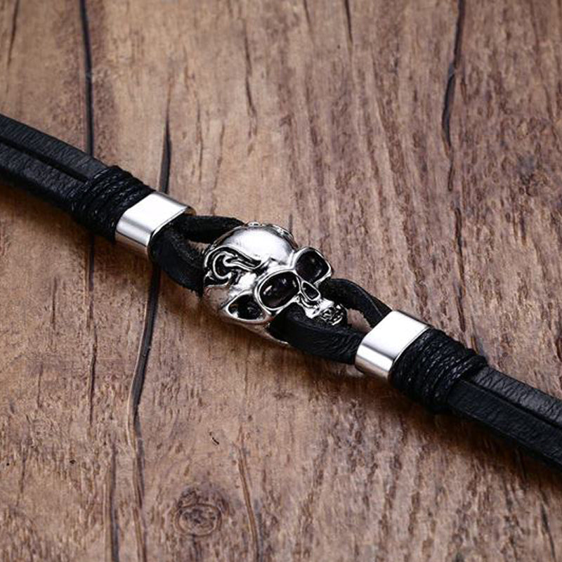 Punk Rock Mens Black Durable Leather Bracelets Gothic Skull Cuff Bangle Skeleton Charm Pulseiras Masculinas