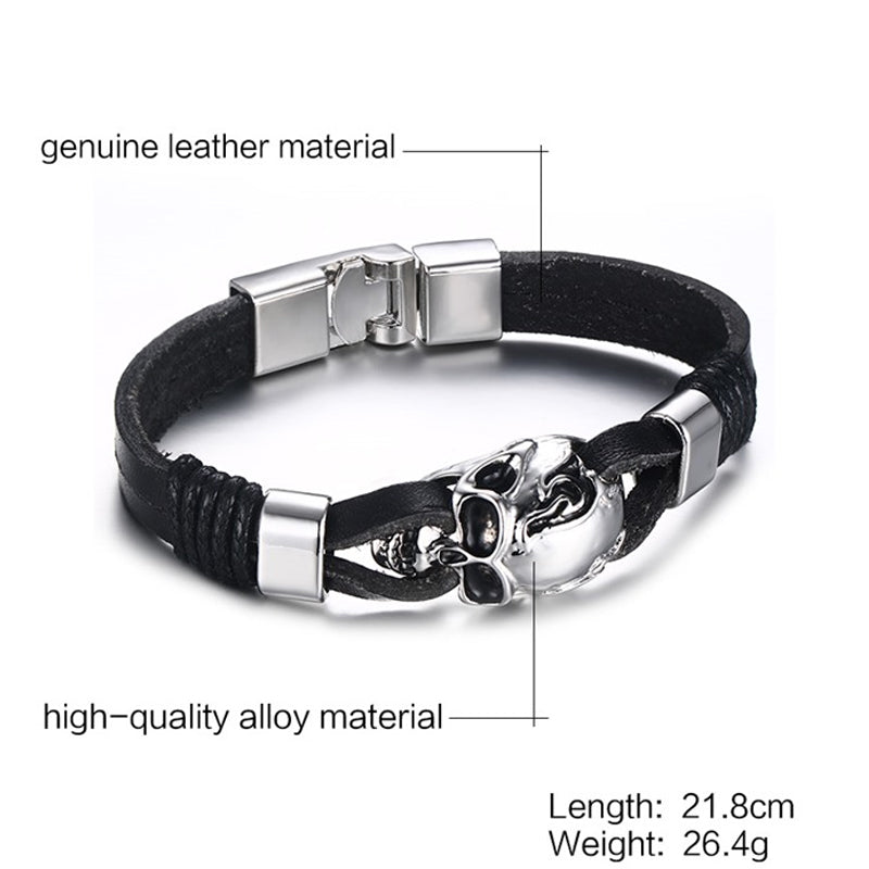 Punk Rock Mens Black Durable Leather Bracelets Gothic Skull Cuff Bangle Skeleton Charm Pulseiras Masculinas