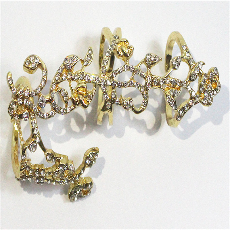 Hot-Selling Occident Women Chic Alloy+Rhinestone Shiny Crystal Floral Ring Celebrity Party Connect Full 2 Finger Rings