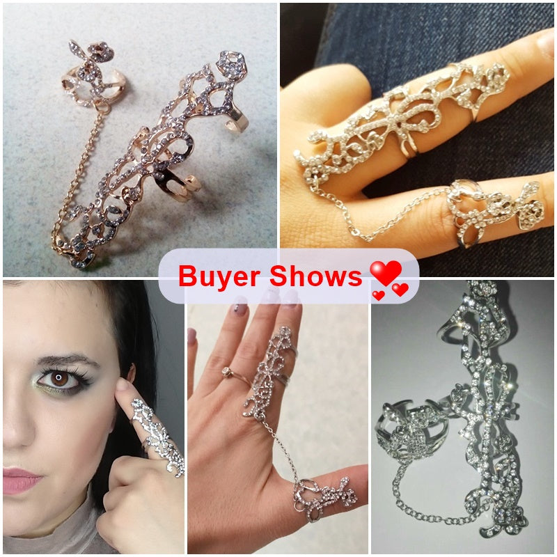 Hot-Selling Occident Women Chic Alloy+Rhinestone Shiny Crystal Floral Ring Celebrity Party Connect Full 2 Finger Rings