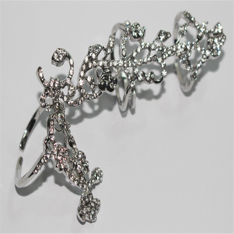 Hot-Selling Occident Women Chic Alloy+Rhinestone Shiny Crystal Floral Ring Celebrity Party Connect Full 2 Finger Rings