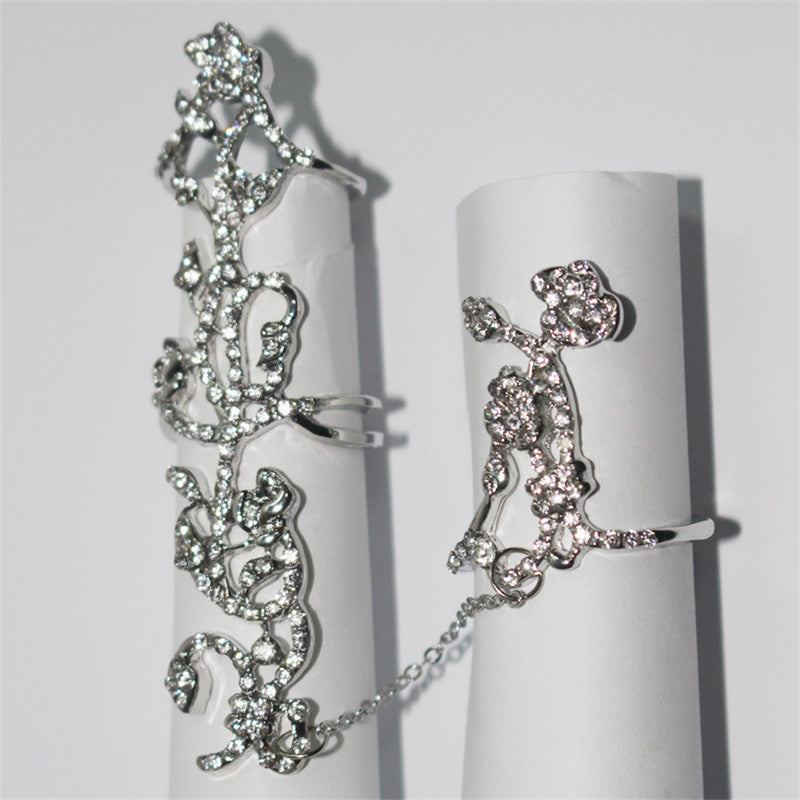Hot-Selling Occident Women Chic Alloy+Rhinestone Shiny Crystal Floral Ring Celebrity Party Connect Full 2 Finger Rings