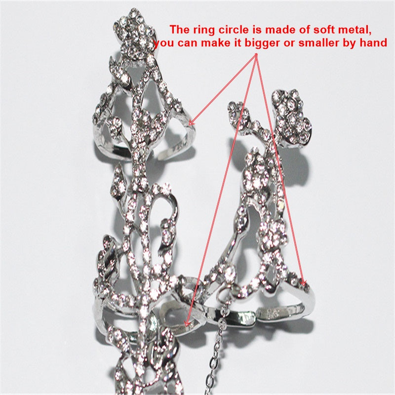 Hot-Selling Occident Women Chic Alloy+Rhinestone Shiny Crystal Floral Ring Celebrity Party Connect Full 2 Finger Rings