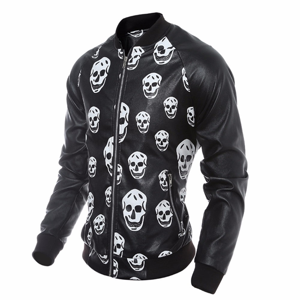 Men Leather Jacket Autumn&Winter Biker Motorcycle Zipper Outwear Skull Warm Coat