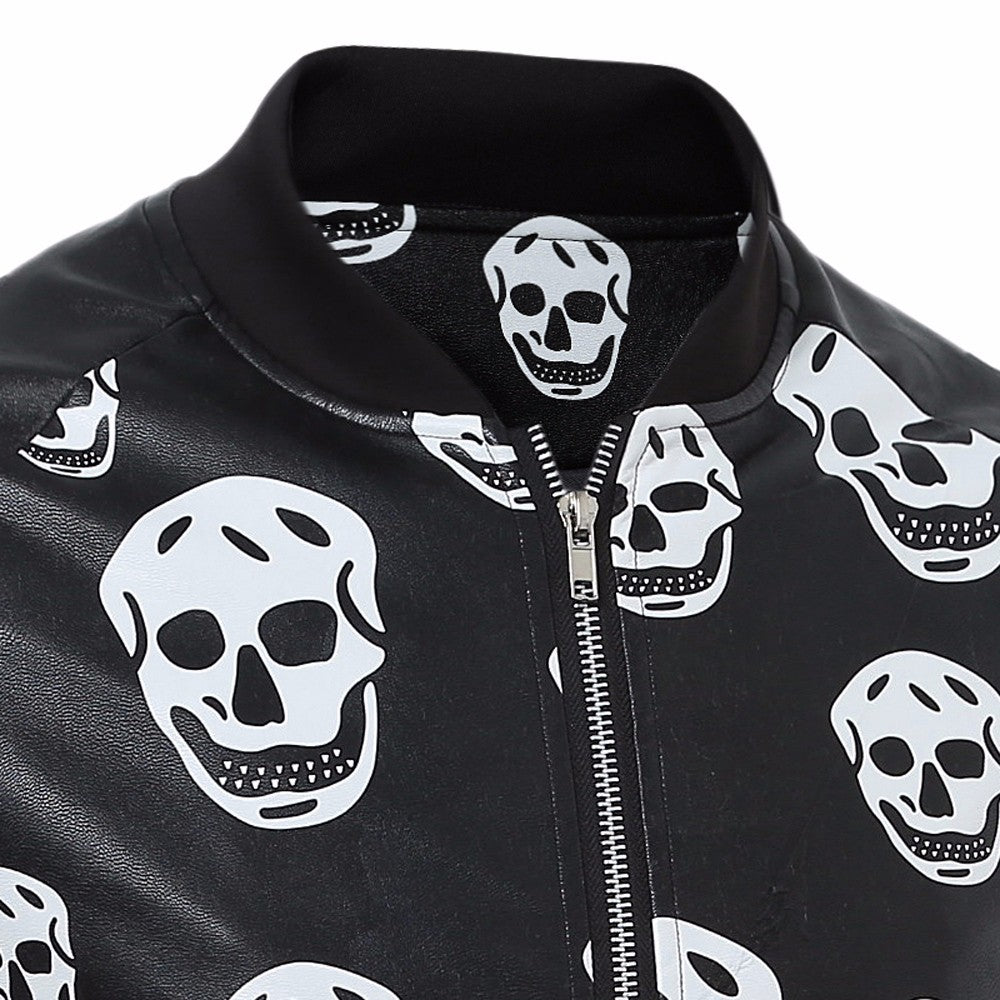Men Leather Jacket Autumn&Winter Biker Motorcycle Zipper Outwear Skull Warm Coat