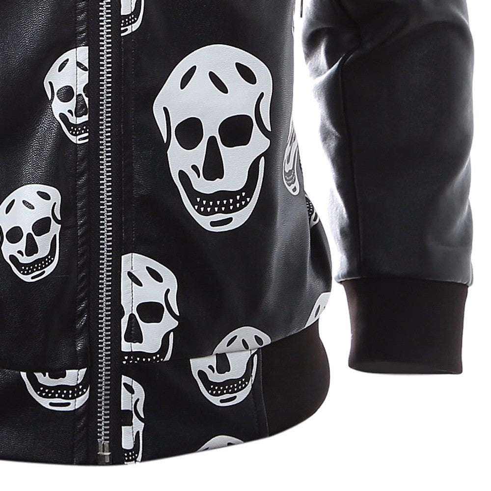 Men Leather Jacket Autumn&Winter Biker Motorcycle Zipper Outwear Skull Warm Coat