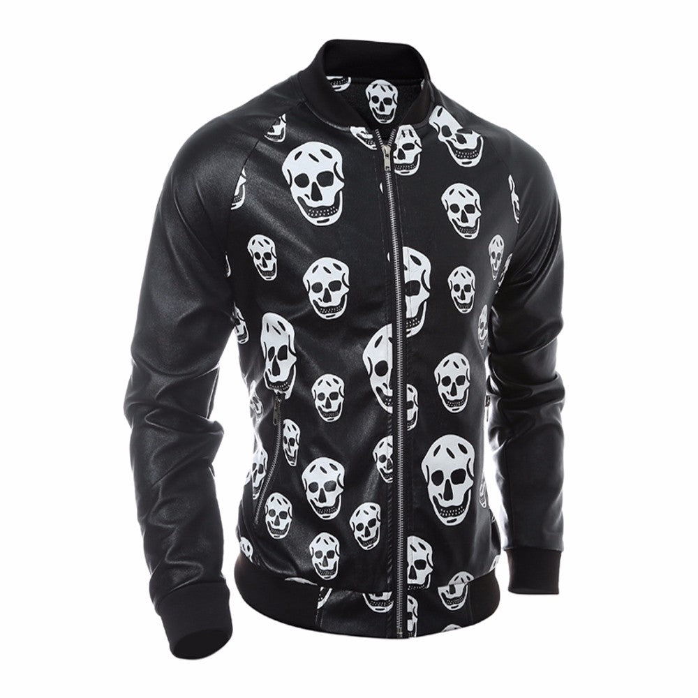 Men Leather Jacket Autumn&Winter Biker Motorcycle Zipper Outwear Skull Warm Coat
