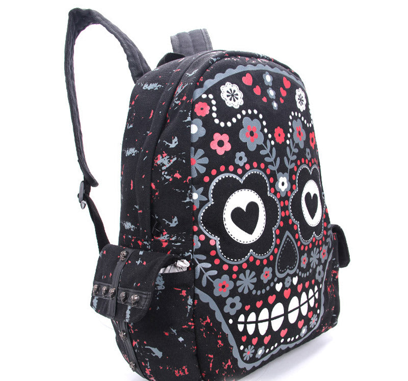 Men Women Unisex Sugar Flower Printed Skull Gothic Emo Punk Backpack Rucksack School Bag Pink Waterproof Mochila