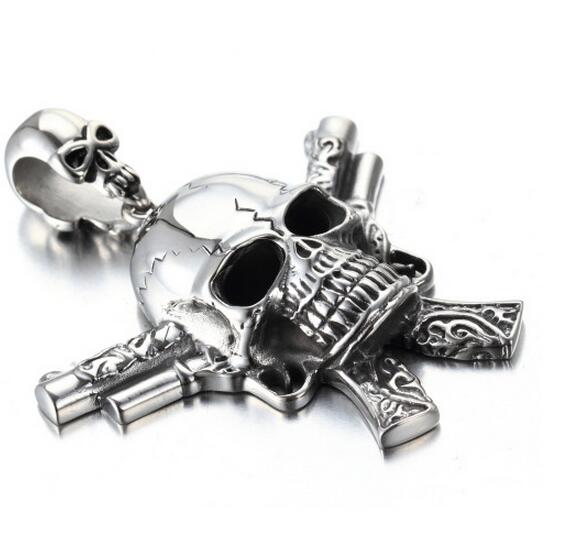 Jewelry Silver Stainless Steel Biker Skull Skeleton with Two Gun Necklace