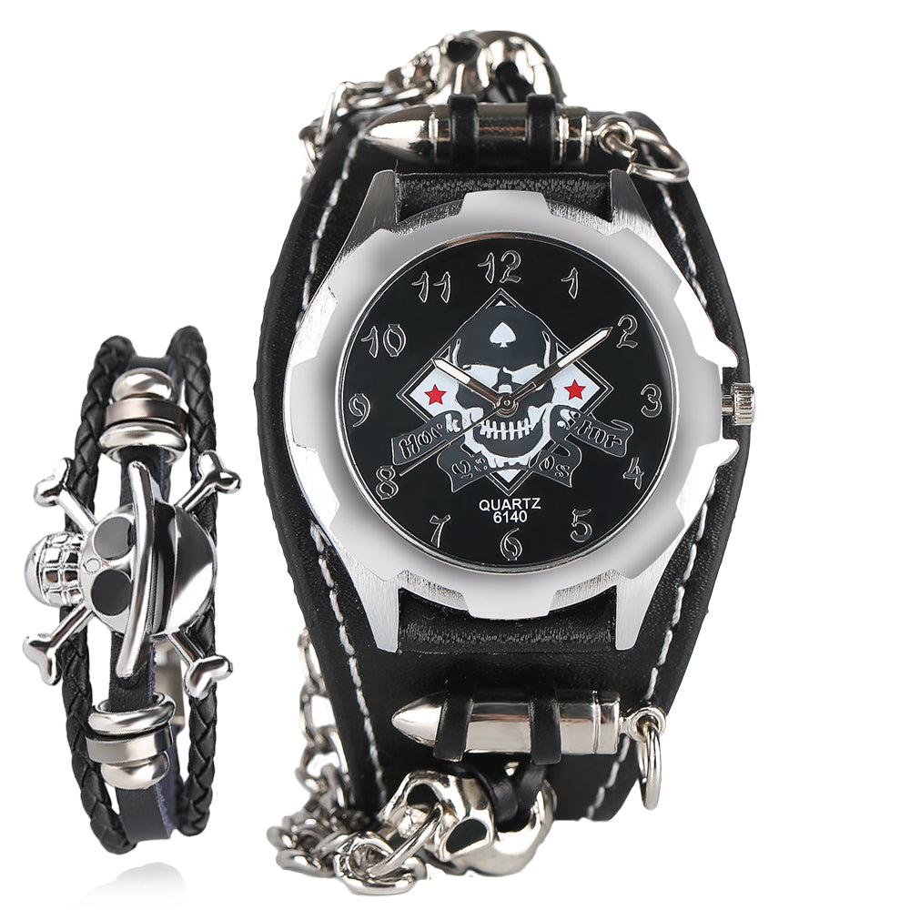 Men's Gothic Style Skull Wrist Watch Stylish Bullet Special Design Leather Band Quartz Watches With Skeleton Skull Bracelet Gift