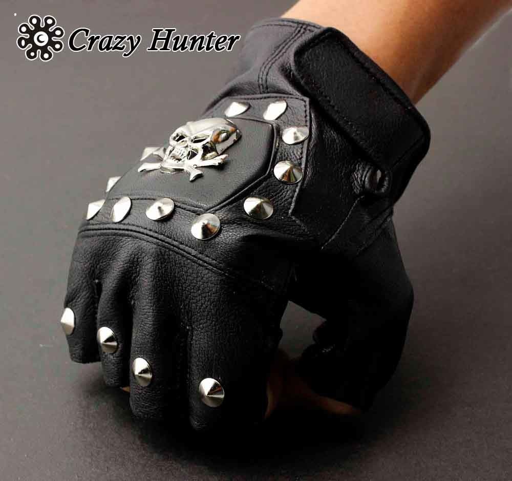 Men's Real Leather Skull Punk Rocker Driving Motorcycle Biker