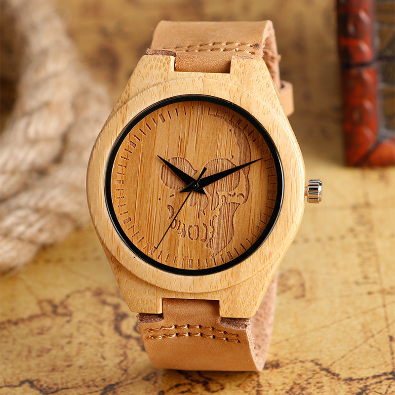Men's Watches Wood Bamboo Creative Skull Gothic Style Quartz Watch Male Clock Genuine Leather Wristwatches Women Gift Online