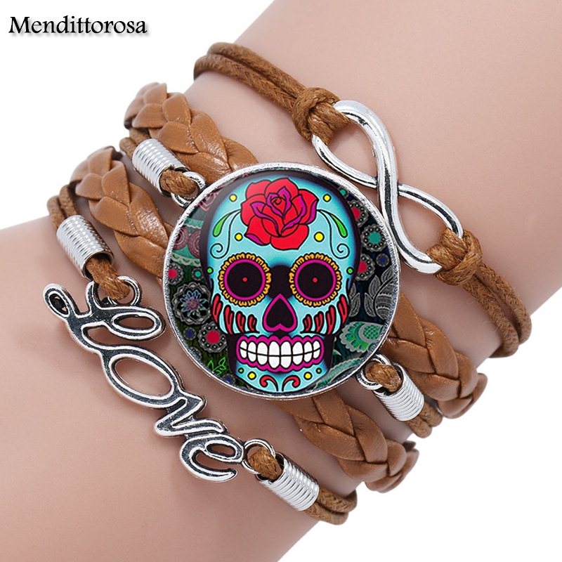Mendittorosa Mexican Sugar Skull Color Jewelry With Glass Cabochon Multilayer Black/Brown Leather Bracelet Bangle For Women