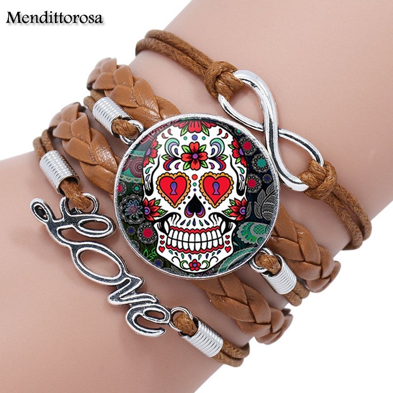 Mendittorosa Mexican Sugar Skull Color Jewelry With Glass Cabochon Multilayer Black/Brown Leather Bracelet Bangle For Women