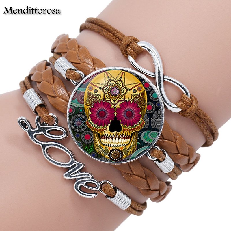 Mendittorosa Mexican Sugar Skull Color Jewelry With Glass Cabochon Multilayer Black/Brown Leather Bracelet Bangle For Women