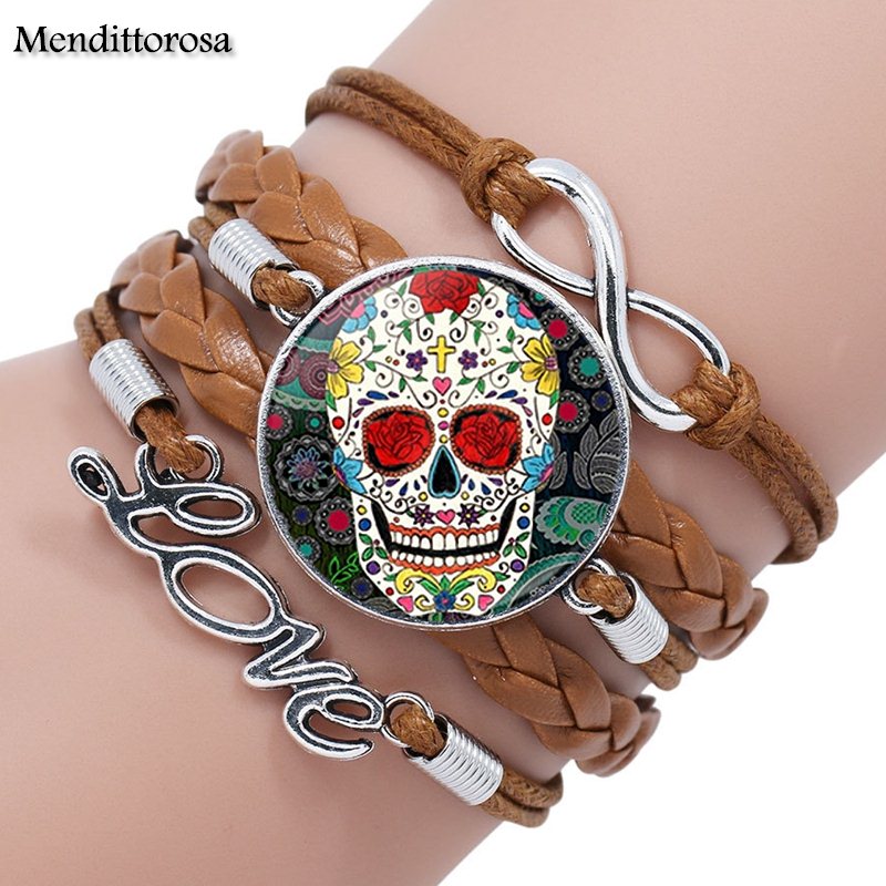 Mendittorosa Mexican Sugar Skull Color Jewelry With Glass Cabochon Multilayer Black/Brown Leather Bracelet Bangle For Women