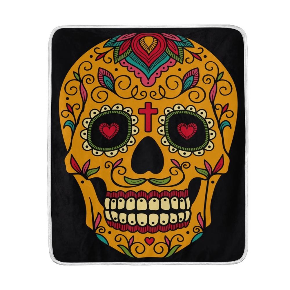 Mexican Sugar Skull Day of the Dead Black Blanket Soft Warm Blankets for Bed
