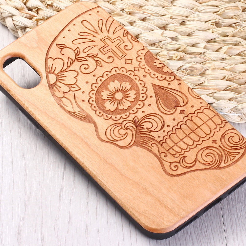 Sugar skull Vintage Floral Engraved Wood Phone Case