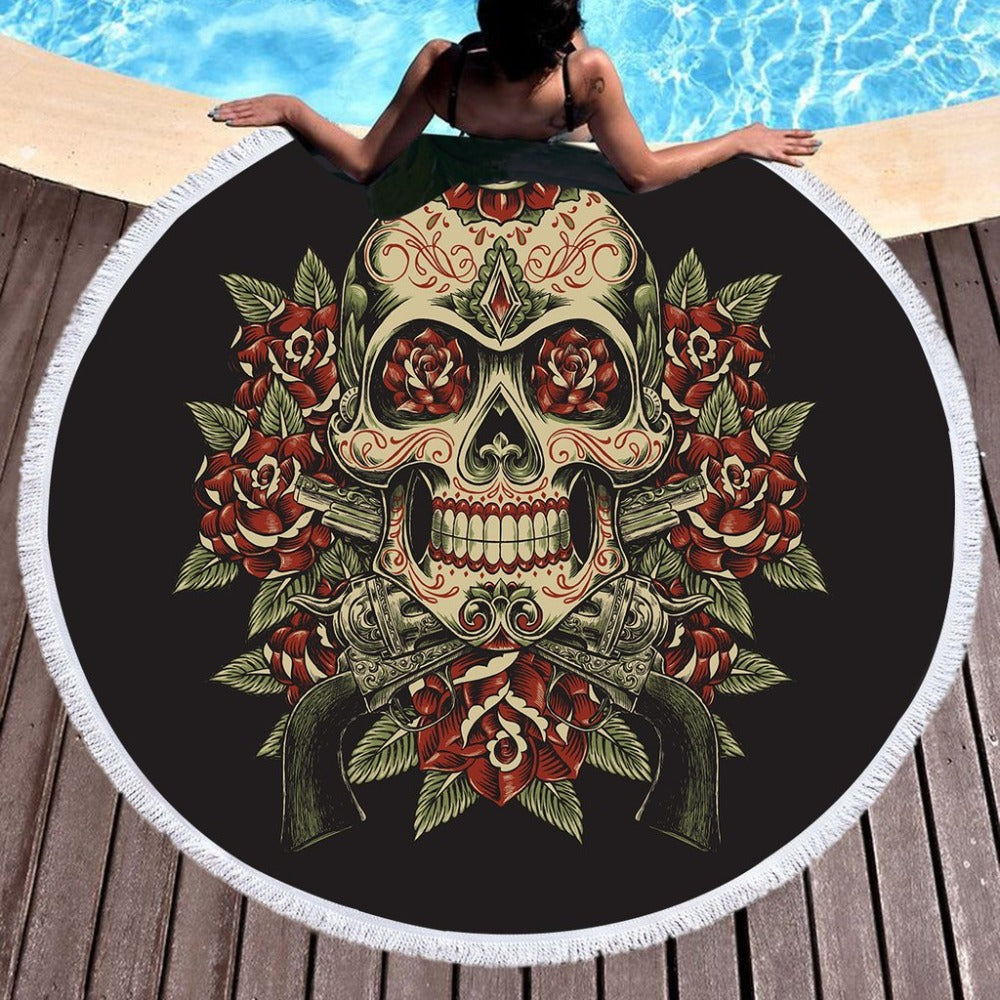 Microfiber Large Bath Towel for Beach Thick 150cm Round Sugar Skull Printed Beach Towel Quick Compressed Towel Tapestry Yoga Mat