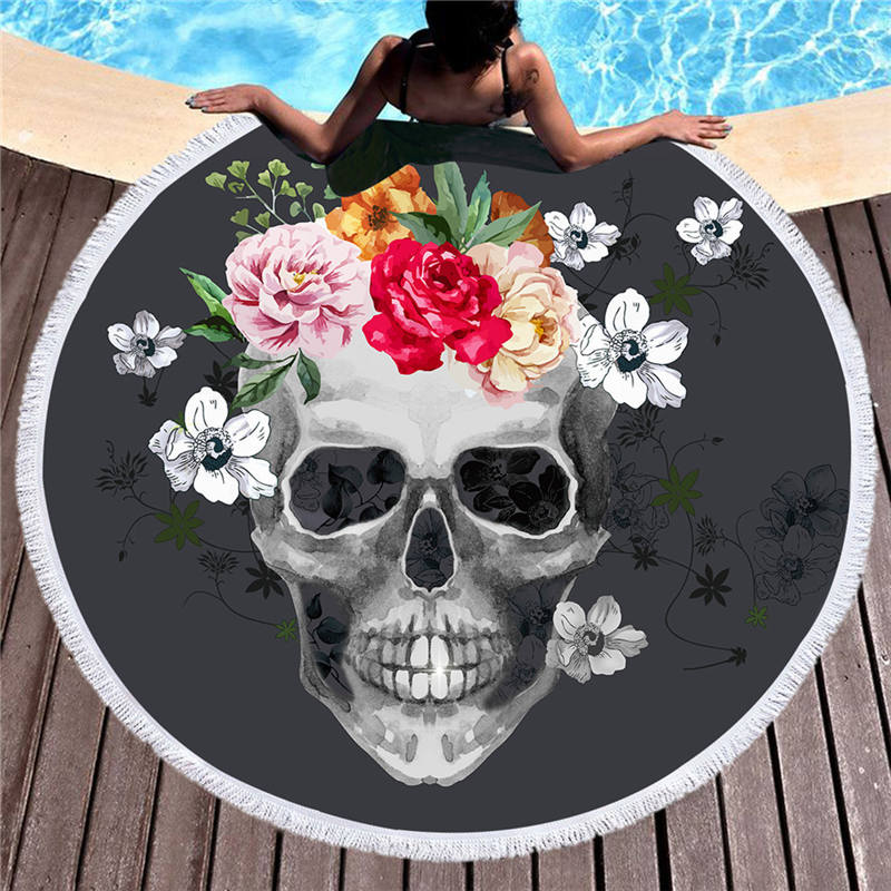 Microfiber Large Bath Towel for Beach Thick 150cm Round Sugar Skull Printed Beach Towel Quick Compressed Towel Tapestry Yoga Mat