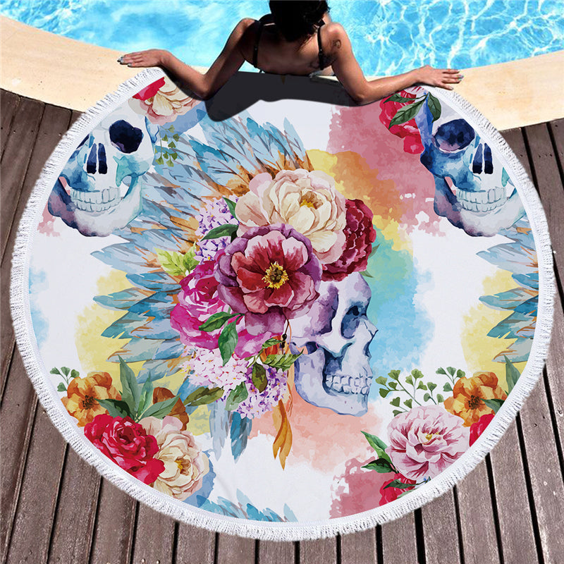 Microfiber Large Bath Towel for Beach Thick 150cm Round Sugar Skull Printed Beach Towel Quick Compressed Towel Tapestry Yoga Mat