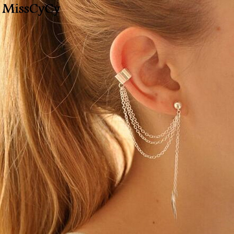Punk Rock Leaf Chain Tassel Dangle Ear Cuff Wrap Earring Gold Color earrings in jewelry 1 pcs