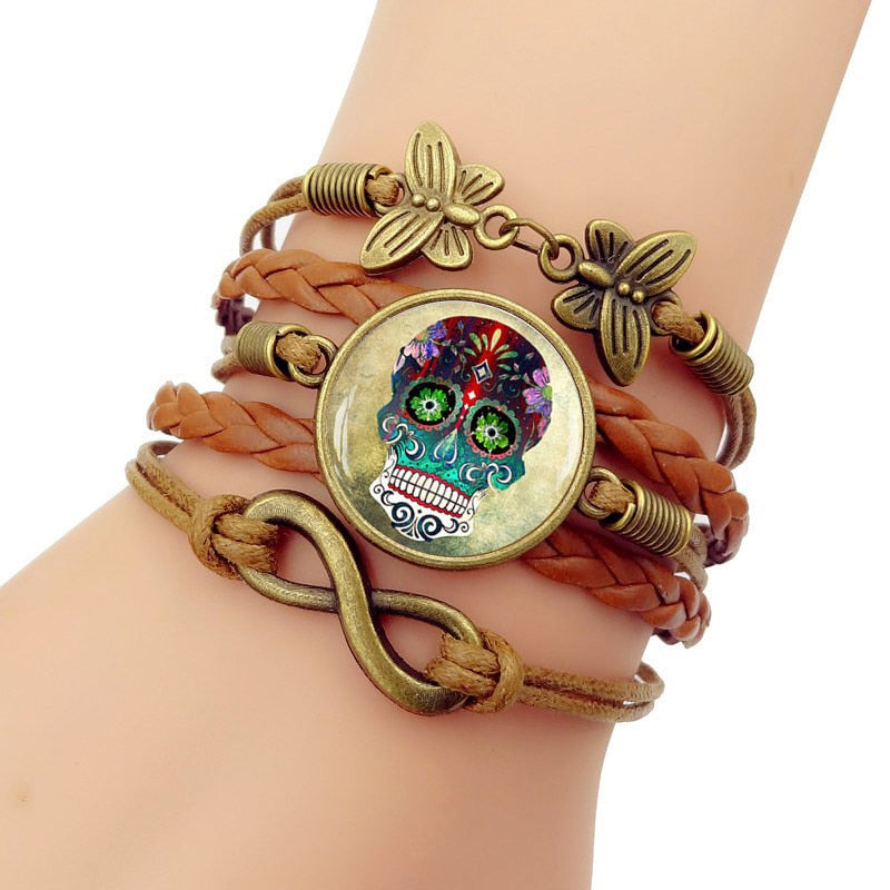 Multilayer Glass Cabochon Bracelet Steampunk Sugar Skull Vintage Butterfly