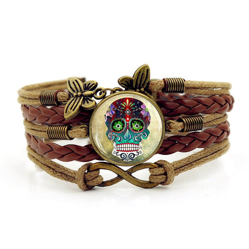 Multilayer Glass Cabochon Bracelet Steampunk Sugar Skull Vintage Butterfly