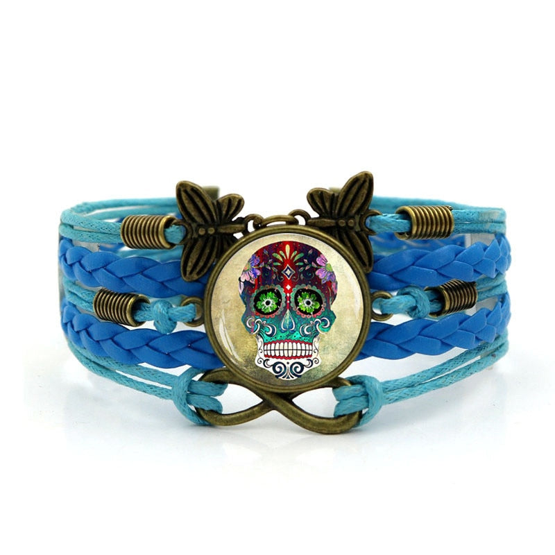 Multilayer Glass Cabochon Bracelet Steampunk Sugar Skull Vintage Butterfly