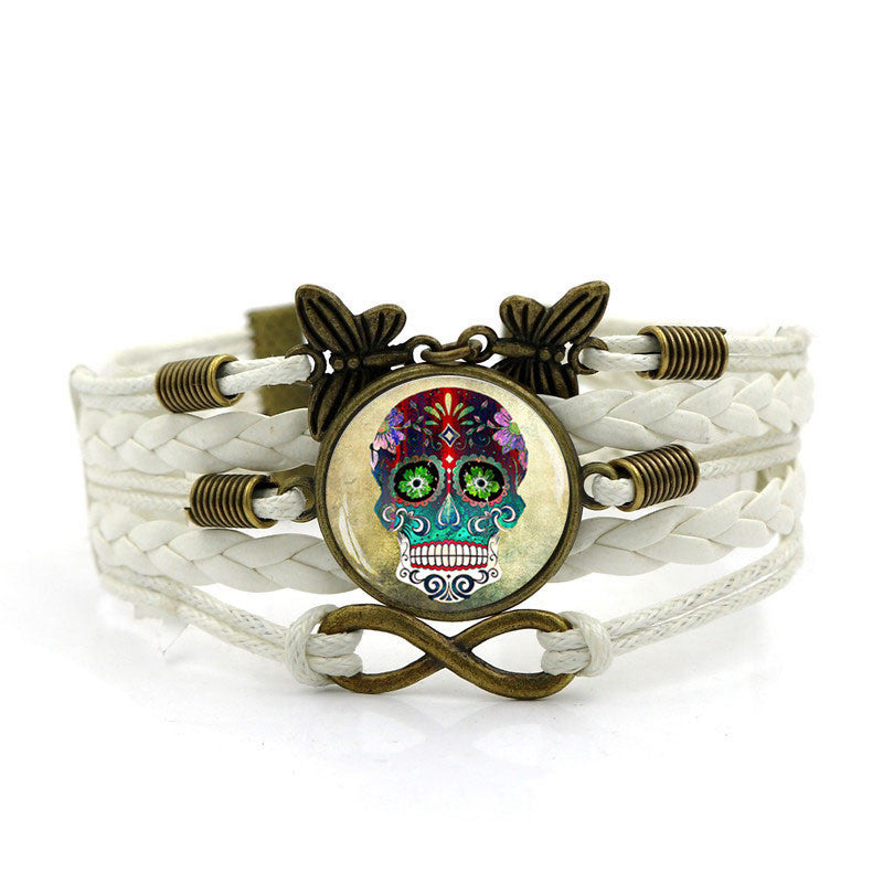 Multilayer Glass Cabochon Bracelet Steampunk Sugar Skull Vintage Butterfly