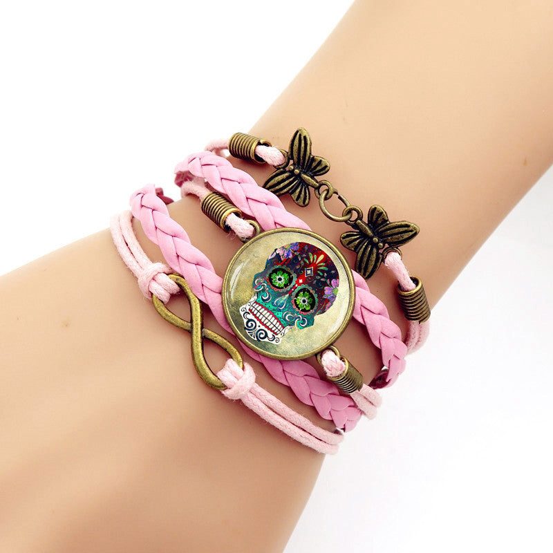 Multilayer Glass Cabochon Bracelet Steampunk Sugar Skull Vintage Butterfly