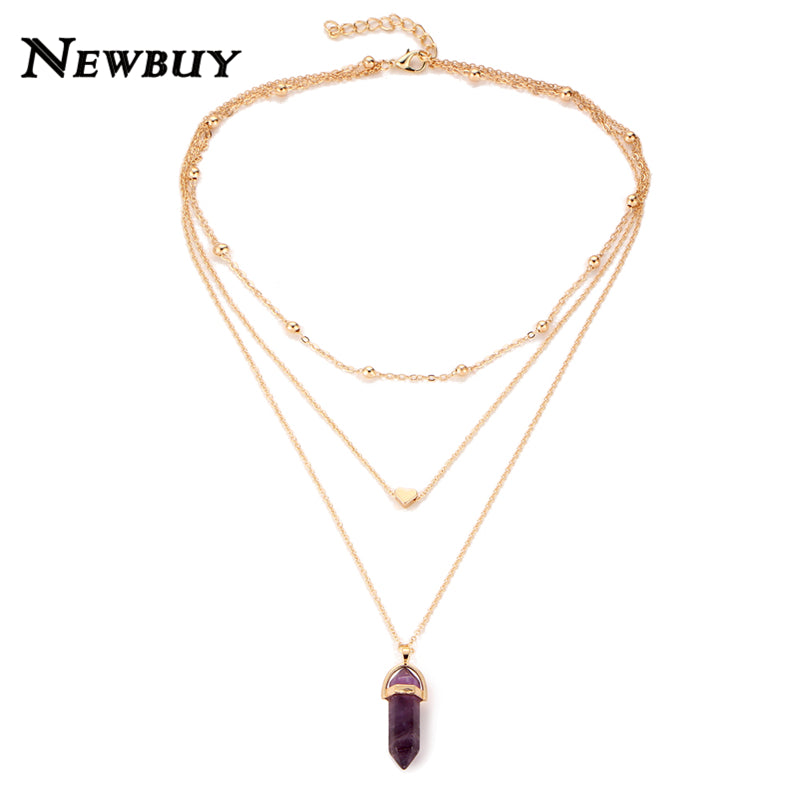 Fashion Natural Stone Choker Necklace Hot Sale Trendy Heart Double Layers Gold-Color Chain Women Pendant Necklace