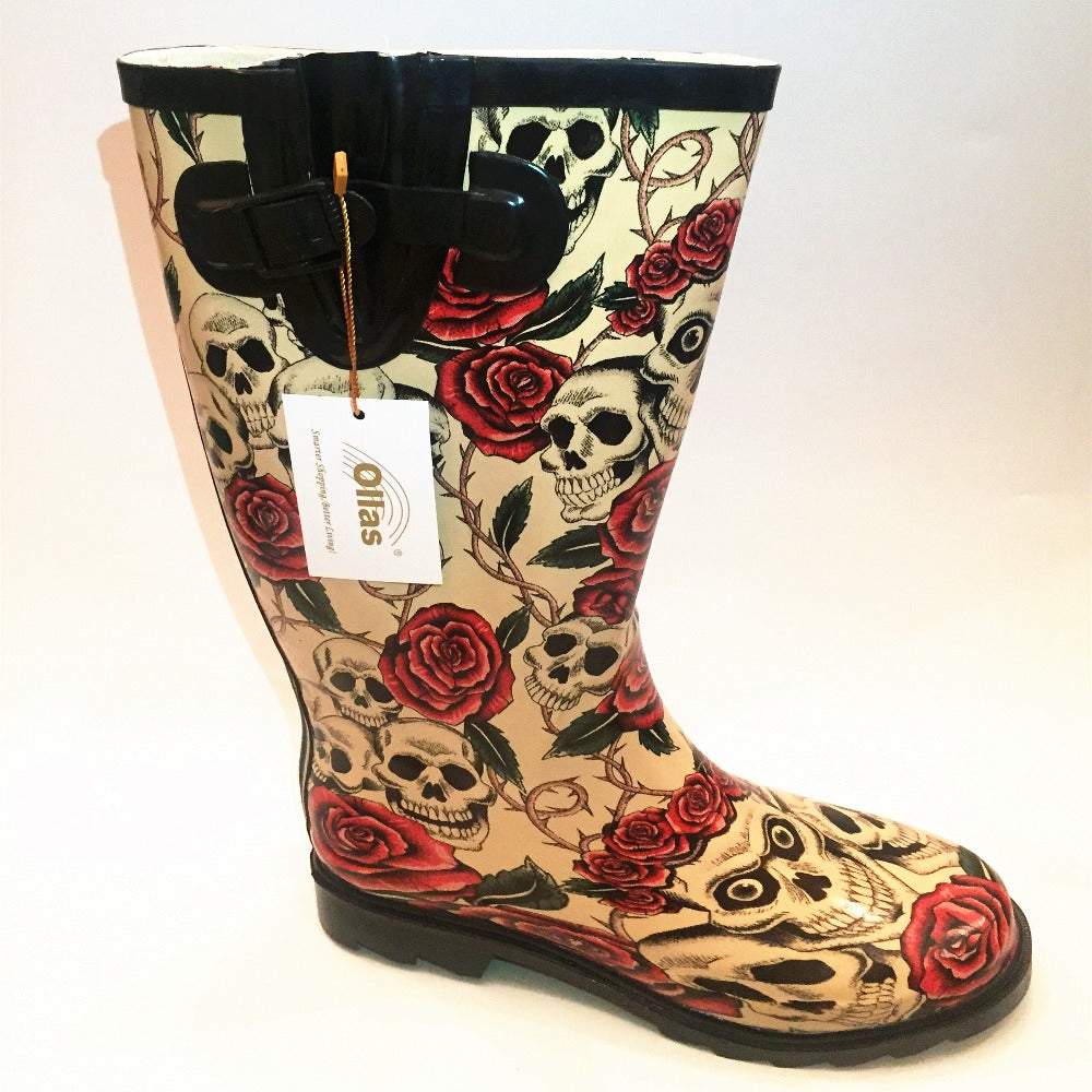 Rain Boots For Women Rubber Boots Rose Skeleton Head Sexy Cool Flats Waterproof Sapatos Botas Rainboots Plus Size