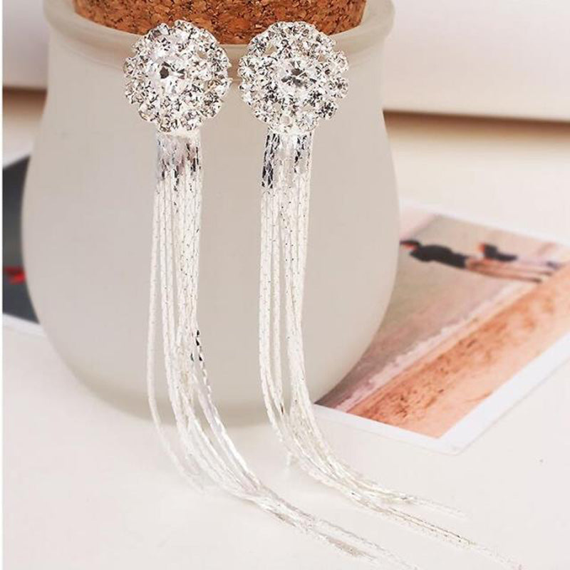 New Arrival Luxury Bridal Rhinestone Round Shape Tassel Clip on Earrings Non Piercing for Women Big Statement Pierced Earrings