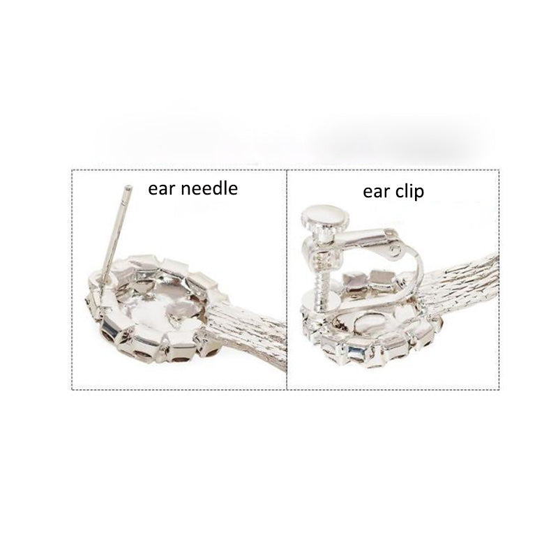 New Arrival Luxury Bridal Rhinestone Round Shape Tassel Clip on Earrings Non Piercing for Women Big Statement Pierced Earrings