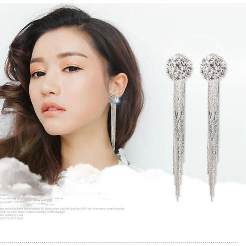 New Arrival Luxury Bridal Rhinestone Round Shape Tassel Clip on Earrings Non Piercing for Women Big Statement Pierced Earrings