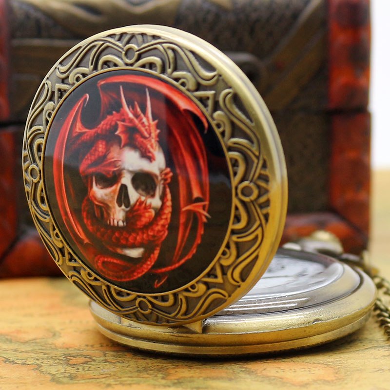 Retro Bronze Skull With Red Dragon Desgin Pocket Watch With Chain Necklace