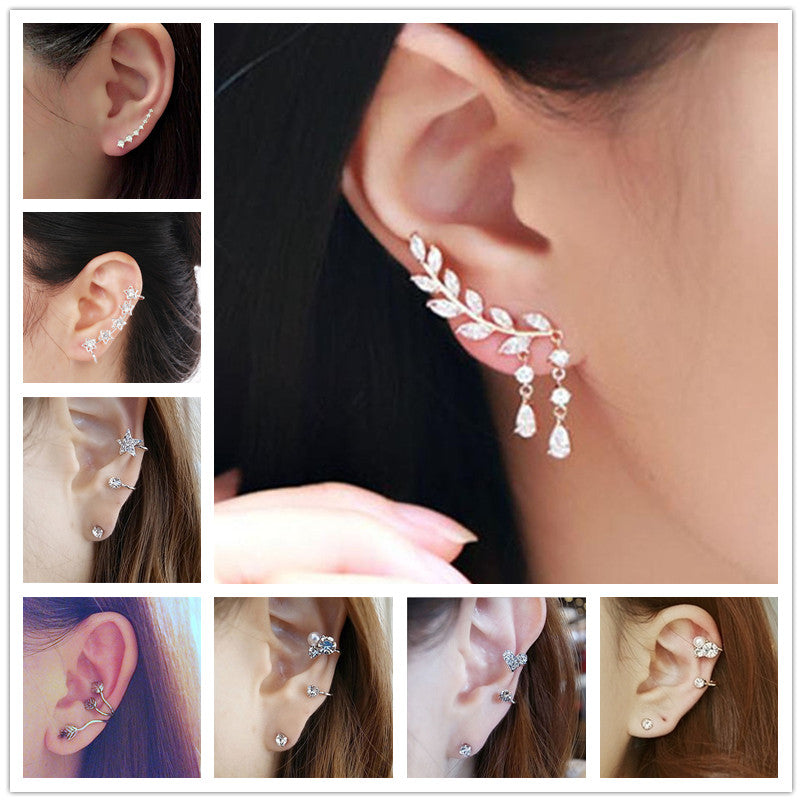 New Brincos Clip Earring Simulated-pearl Crystal Heart Leaf Star Flower Ear Bone Cuff Earrings For Women Men Jewelry