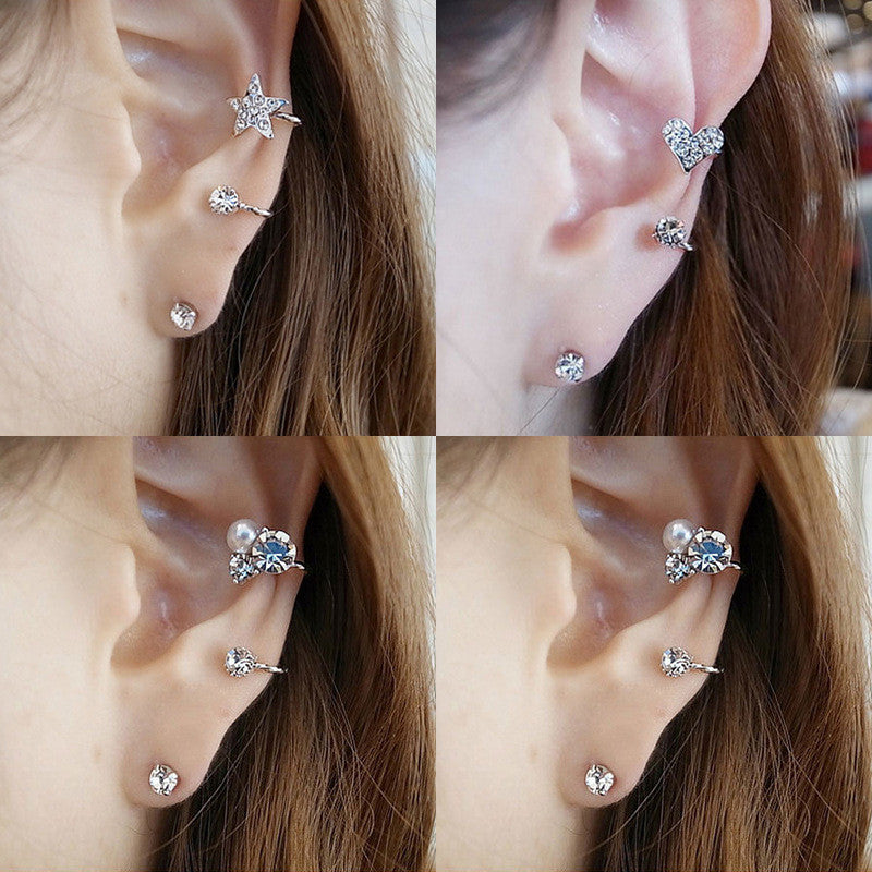 New Brincos Clip Earring Simulated-pearl Crystal Heart Leaf Star Flower Ear Bone Cuff Earrings For Women Men Jewelry