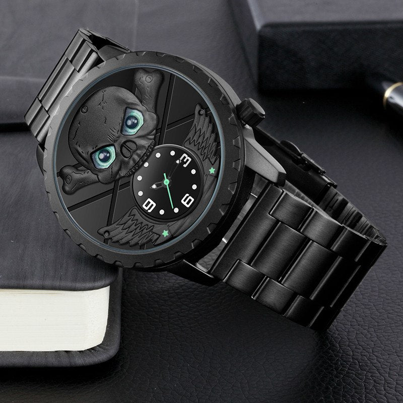 3D Punk Skull Watches Men SKONE Brand Luxury Black Stainless Steel