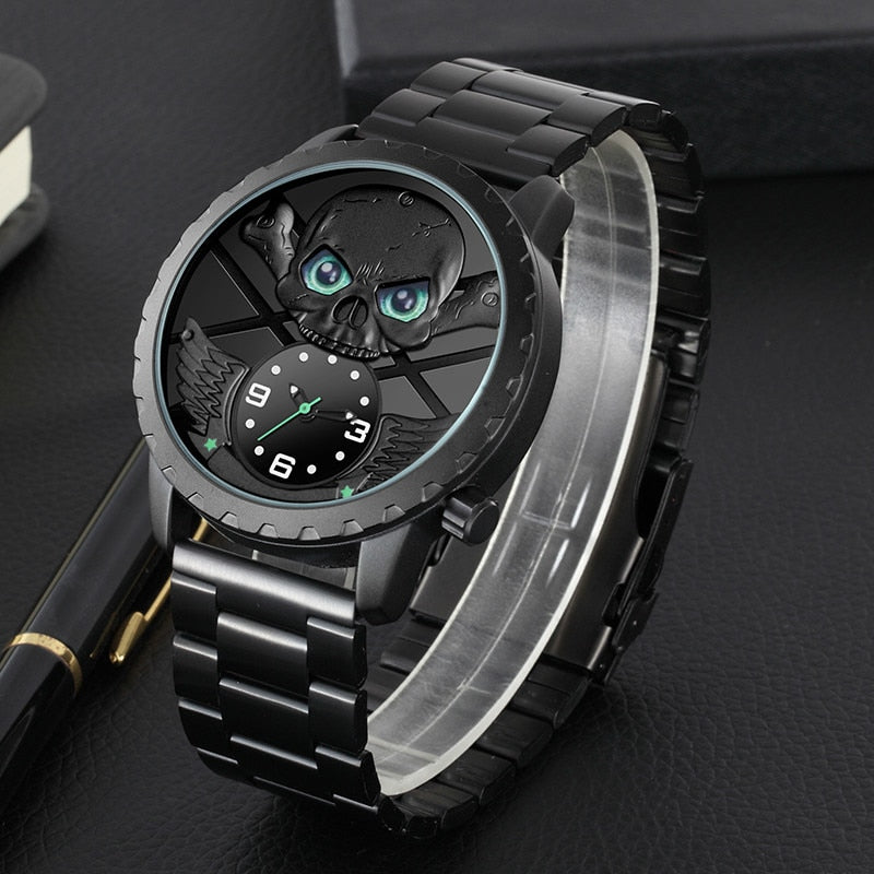 3D Punk Skull Watches Men SKONE Brand Luxury Black Stainless Steel