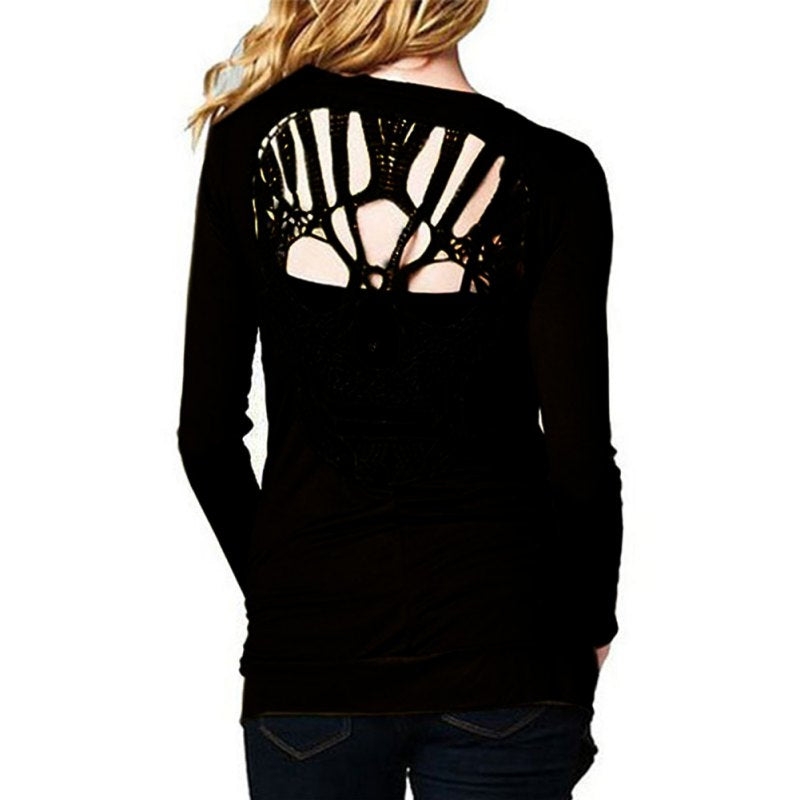 New Fashion Summer Sexy Design Women Ripped Slashed Black Tight T Shirt Cut out Skull Backless Club Goth Punk Style