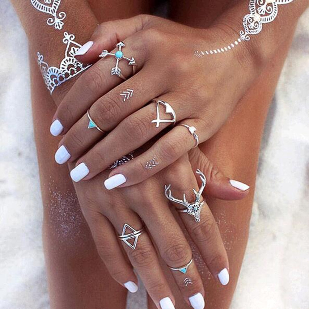 New Hot Bohemian Style 7pcs/Set Vintage Anti Silver Rings Moosehead Arrows Lucky Rings Set for Women Party