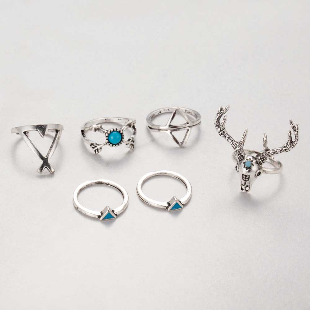 New Hot Bohemian Style 7pcs/Set Vintage Anti Silver Rings Moosehead Arrows Lucky Rings Set for Women Party