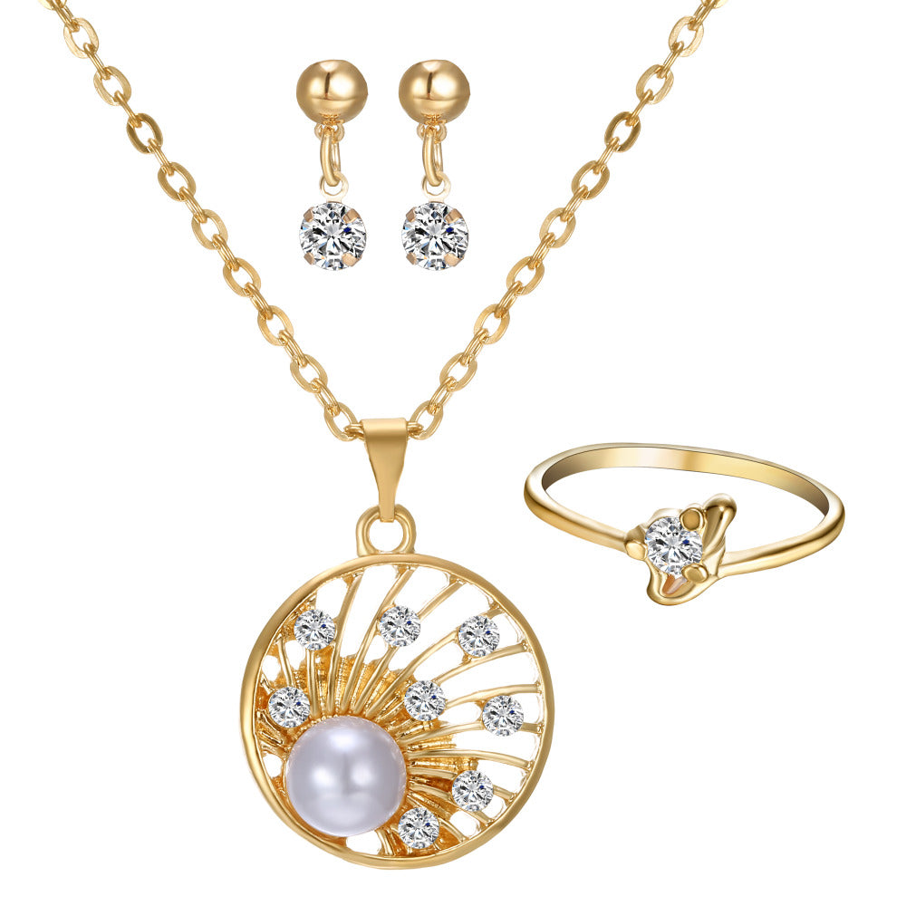 New Wedding Jewelry Set Real Hot gold color Necklaces Earrings Rings Set for Bridal with Big Austrian Crystal Imitation Pearl