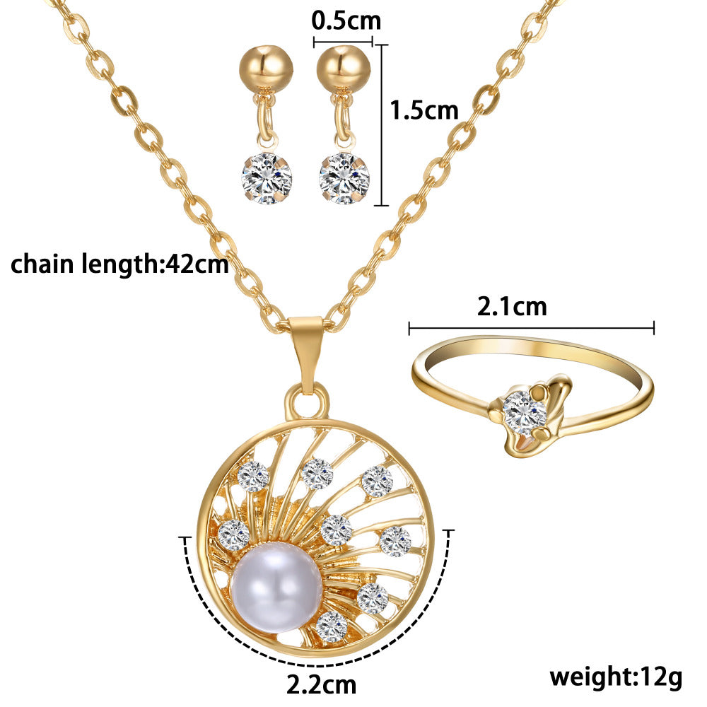 New Wedding Jewelry Set Real Hot gold color Necklaces Earrings Rings Set for Bridal with Big Austrian Crystal Imitation Pearl