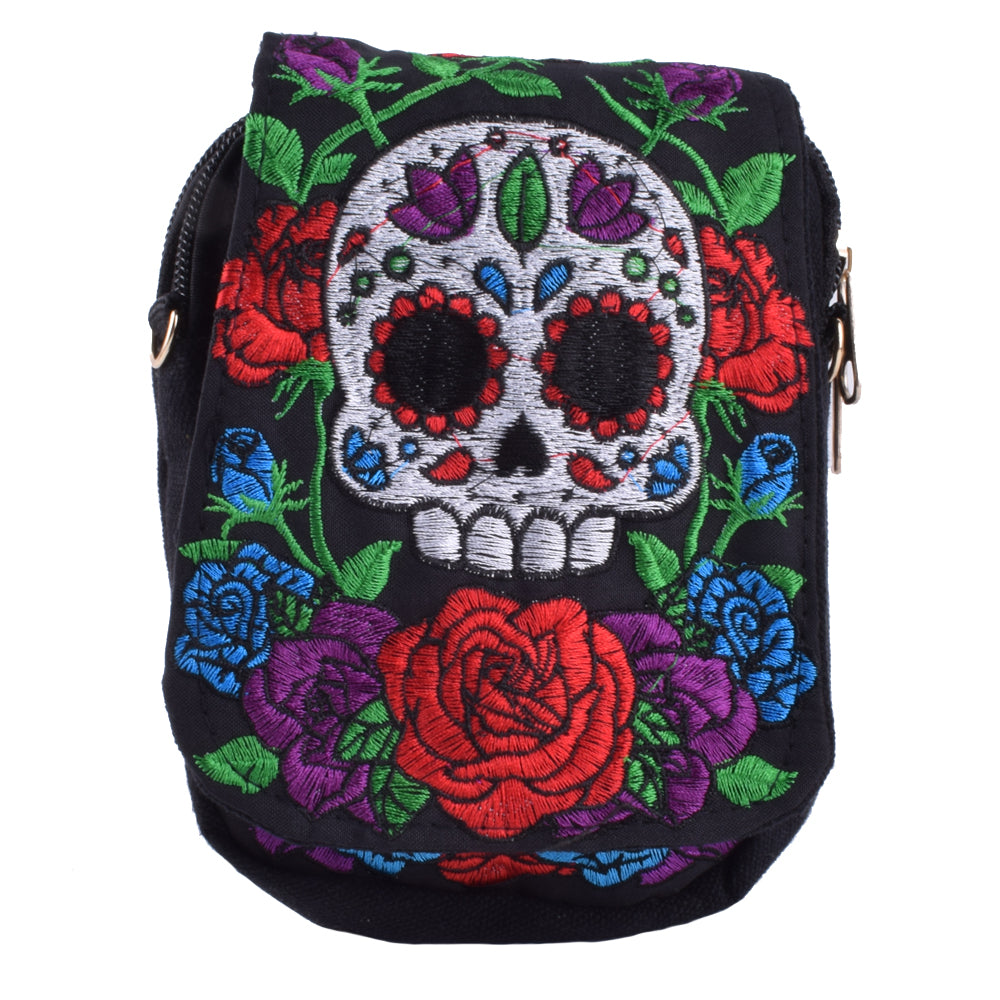 New Women Skull Bag Ethnic Vintage Floral Embroidered Canvas Cover Shoulder Messenger Bags Small Coins Travel Beach Phone Purse