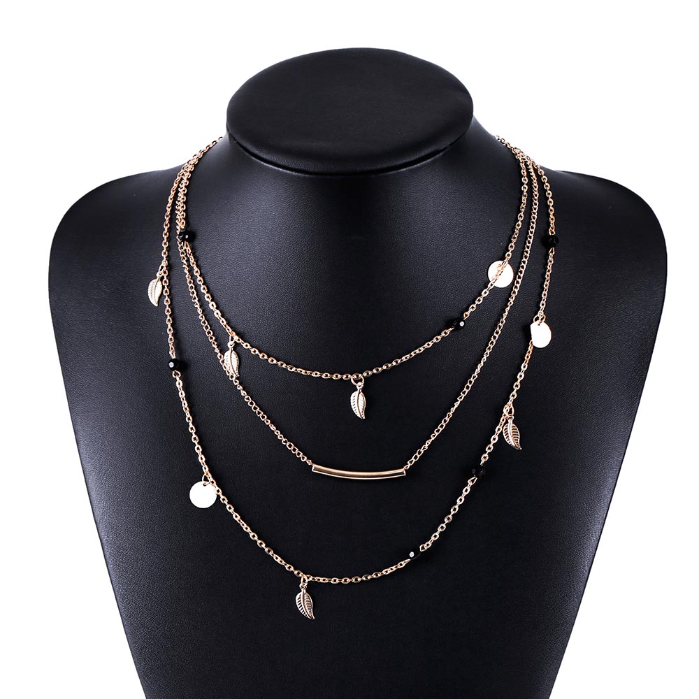 New gold silver chain beads leaves pendant necklace fashion jewelry multi layer necklaces for women