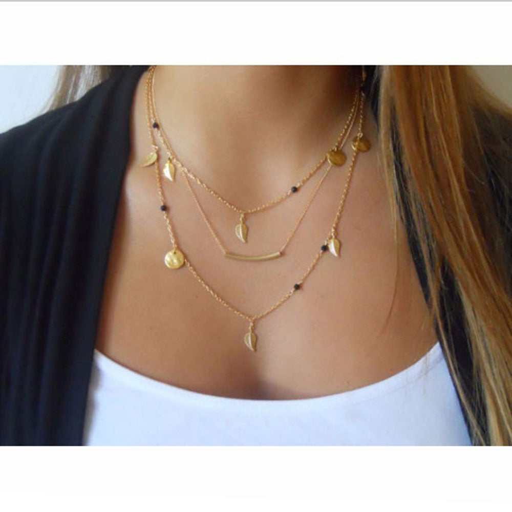 New gold silver chain beads leaves pendant necklace fashion jewelry multi layer necklaces for women